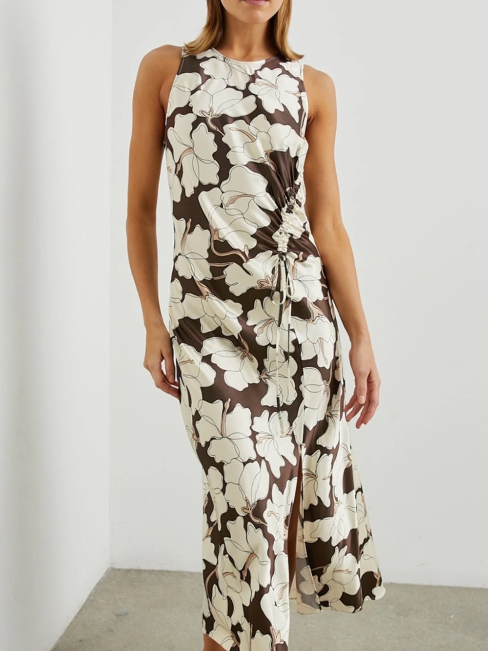 Rails “Gabriella” Brown and Cream Floral Ruched Midi Dress with Side Tie